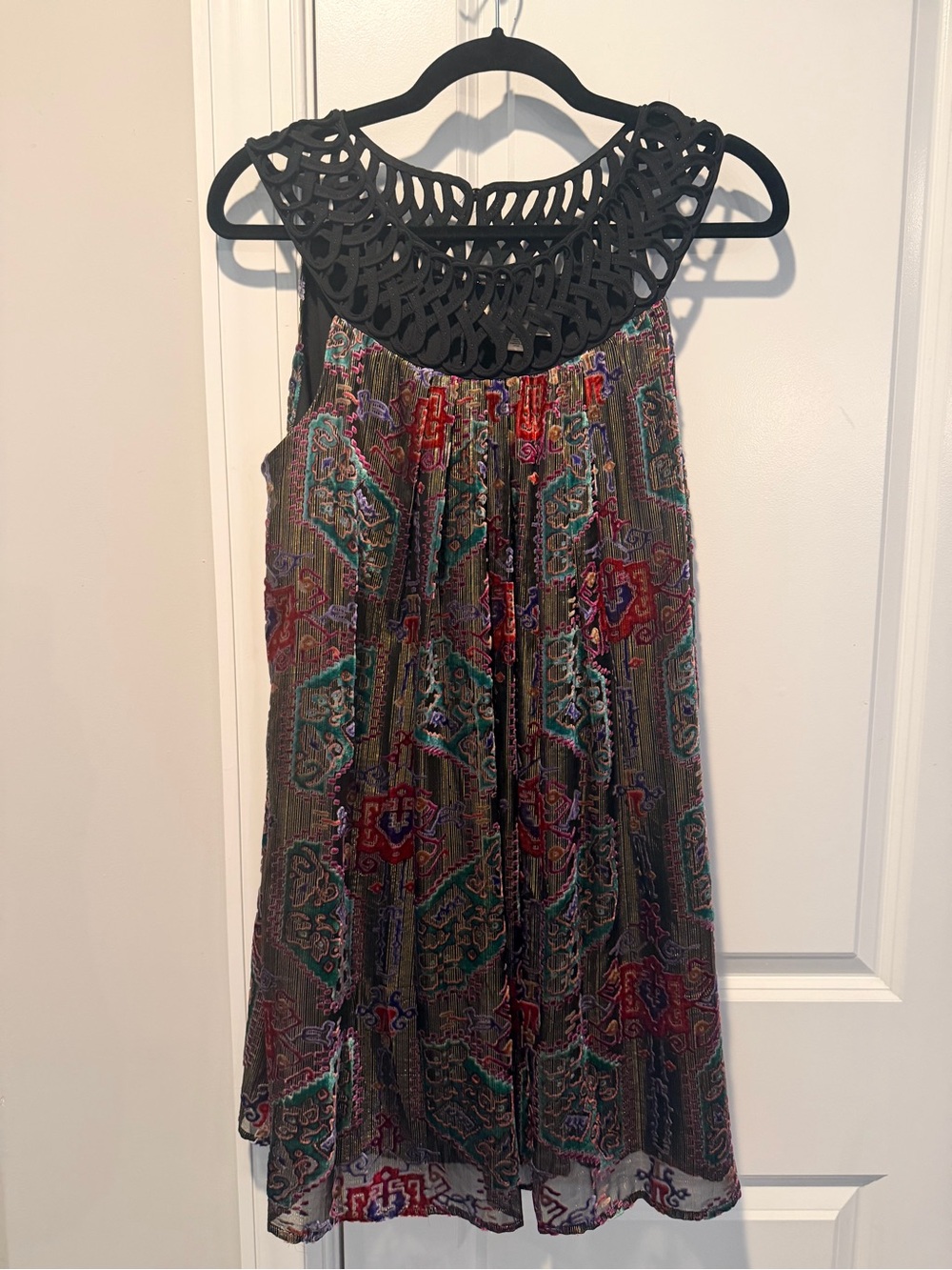 Moulinette Soeurs Multicolor Bohemian Print Mini Dress with Black Crochet Yoke